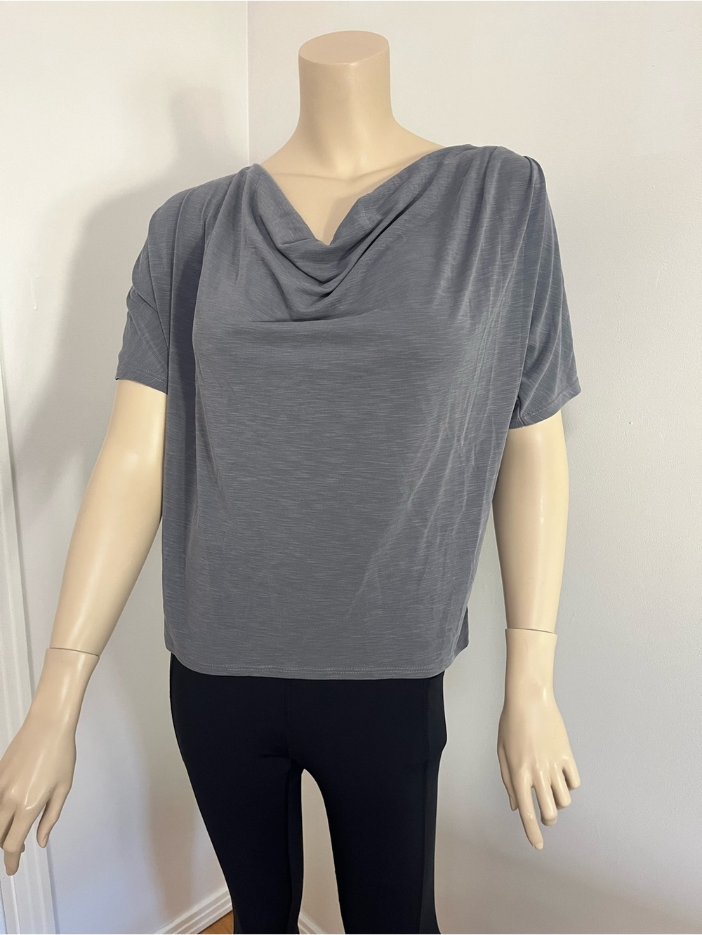 Green Envelope Draped Neck Short Sleeve Top in Grey
